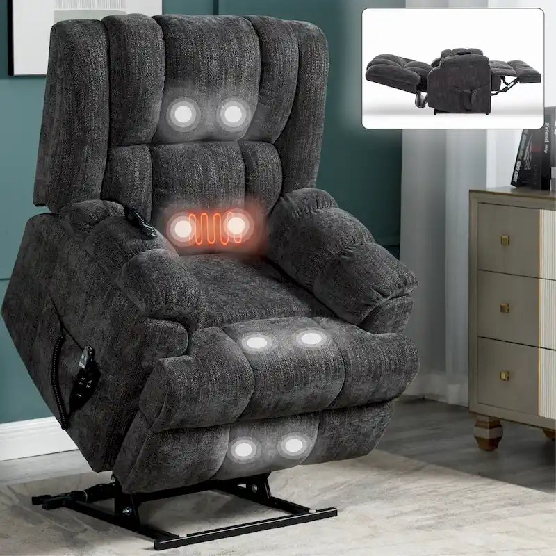 Grey Oversized Chenille Power Lift Recliner with Massage, Heating, Flat Lay