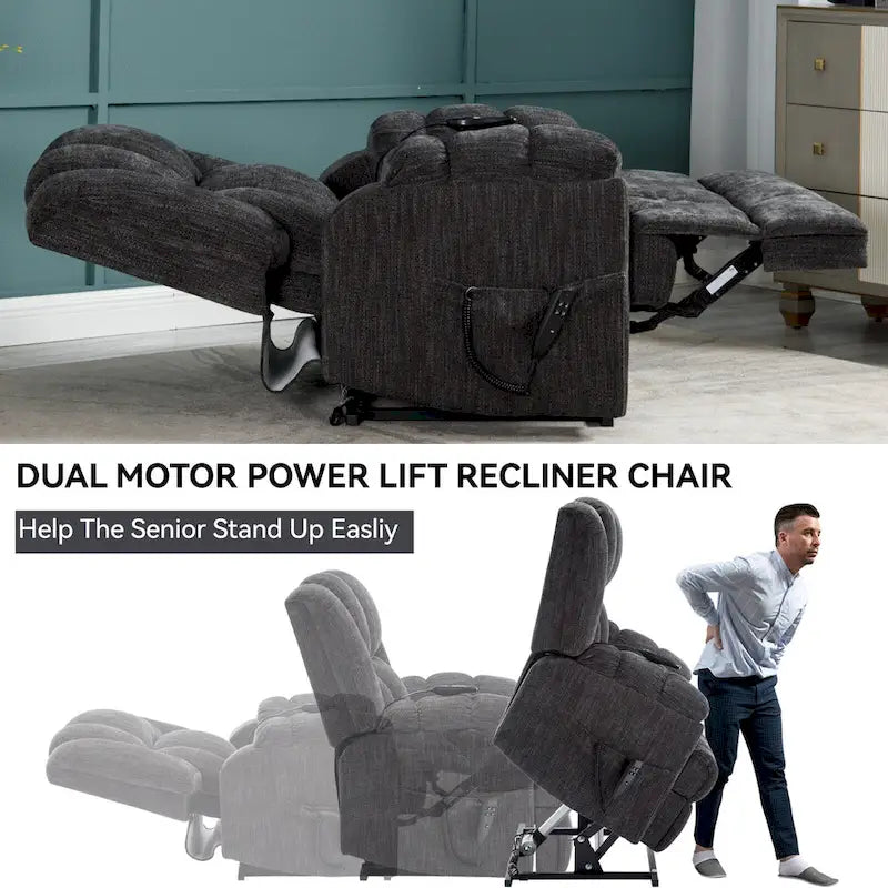 Grey Oversized Chenille Power Lift Recliner with Massage, Heating, Flat Lay