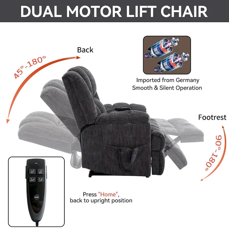 Grey Oversized Chenille Power Lift Recliner with Massage, Heating, Flat Lay