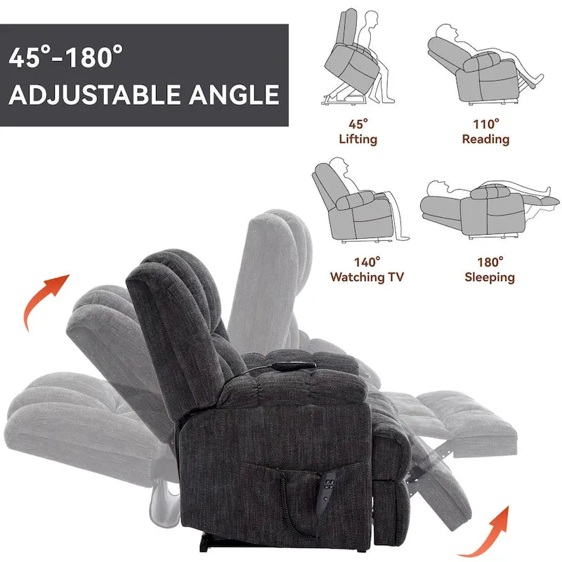 Grey Oversized Chenille Power Lift Recliner with Massage, Heating, Flat Lay