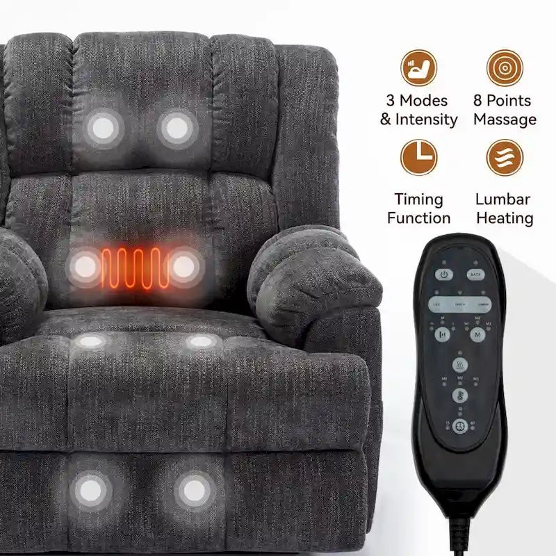 Grey Oversized Chenille Power Lift Recliner with Massage, Heating, Flat Lay