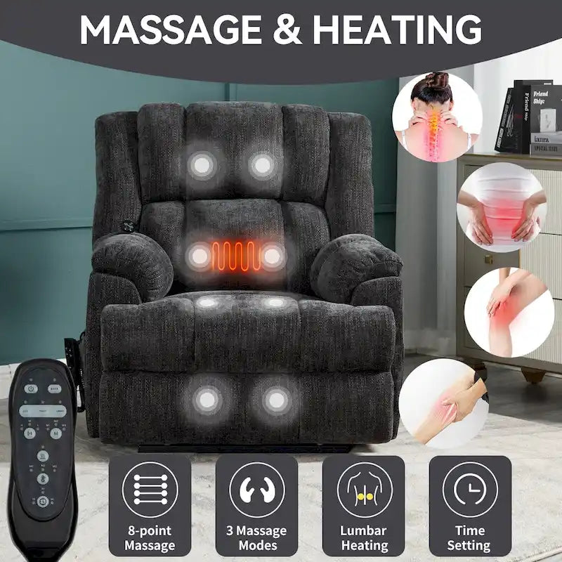 Grey Oversized Chenille Power Lift Recliner with Massage, Heating, Flat Lay