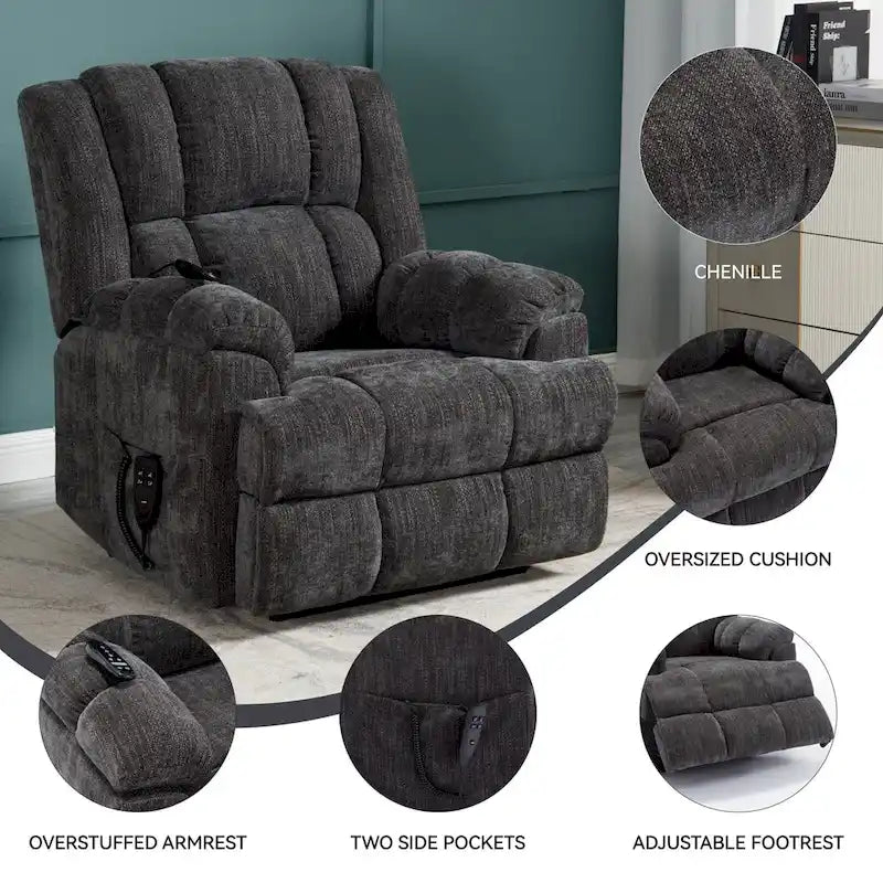 Grey Oversized Chenille Power Lift Recliner with Massage, Heating, Flat Lay