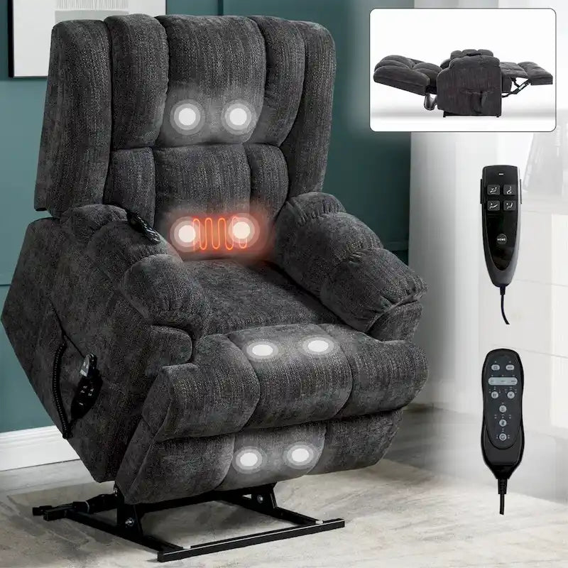 Grey Oversized Chenille Power Lift Recliner with Massage, Heating, Flat Lay
