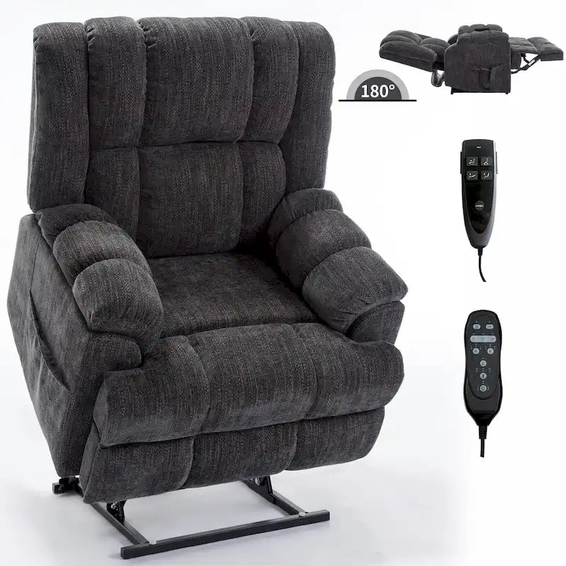 Grey Oversized Chenille Power Lift Recliner with Massage, Heating, Flat Lay