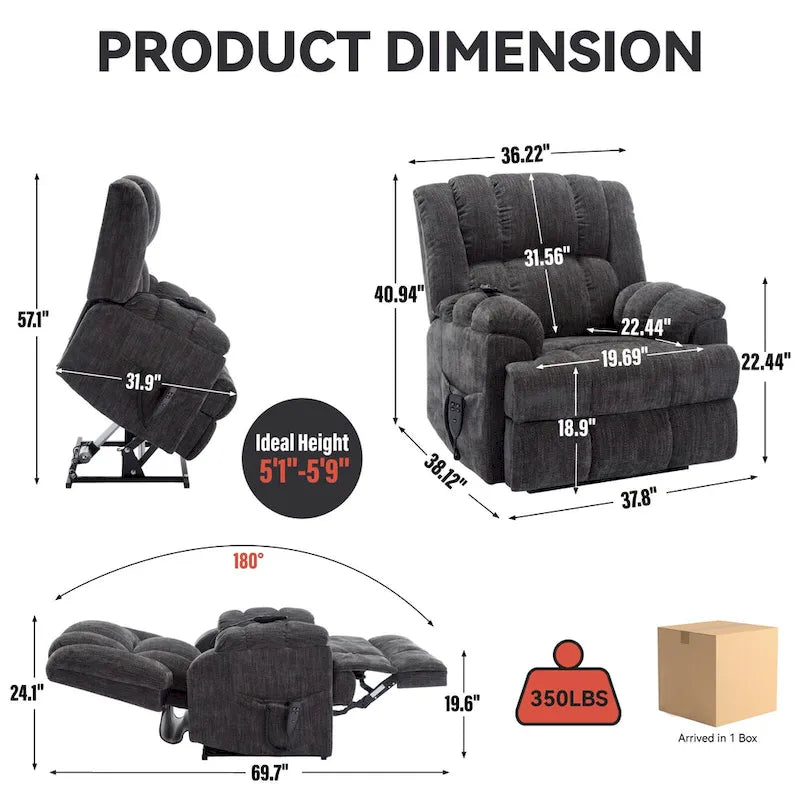 Grey Oversized Chenille Power Lift Recliner with Massage, Heating, Flat Lay