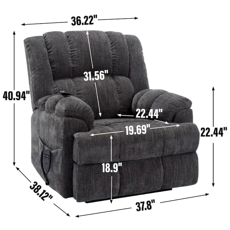 Grey Oversized Chenille Power Lift Recliner with Massage, Heating, Flat Lay