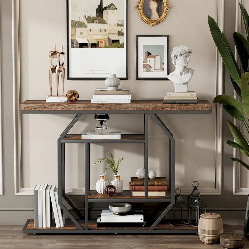 47.24 Rustic Long Console Entry Table Sofa Storage Table Behind Couch with 4 Tier Shelves