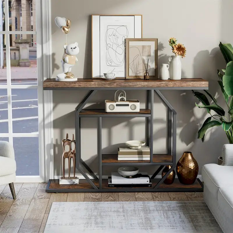 47.24 Rustic Long Console Entry Table Sofa Storage Table Behind Couch with 4 Tier Shelves