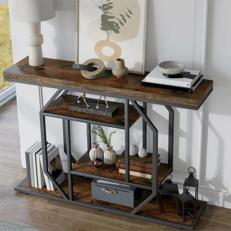 47.24 Rustic Long Console Entry Table Sofa Storage Table Behind Couch with 4 Tier Shelves