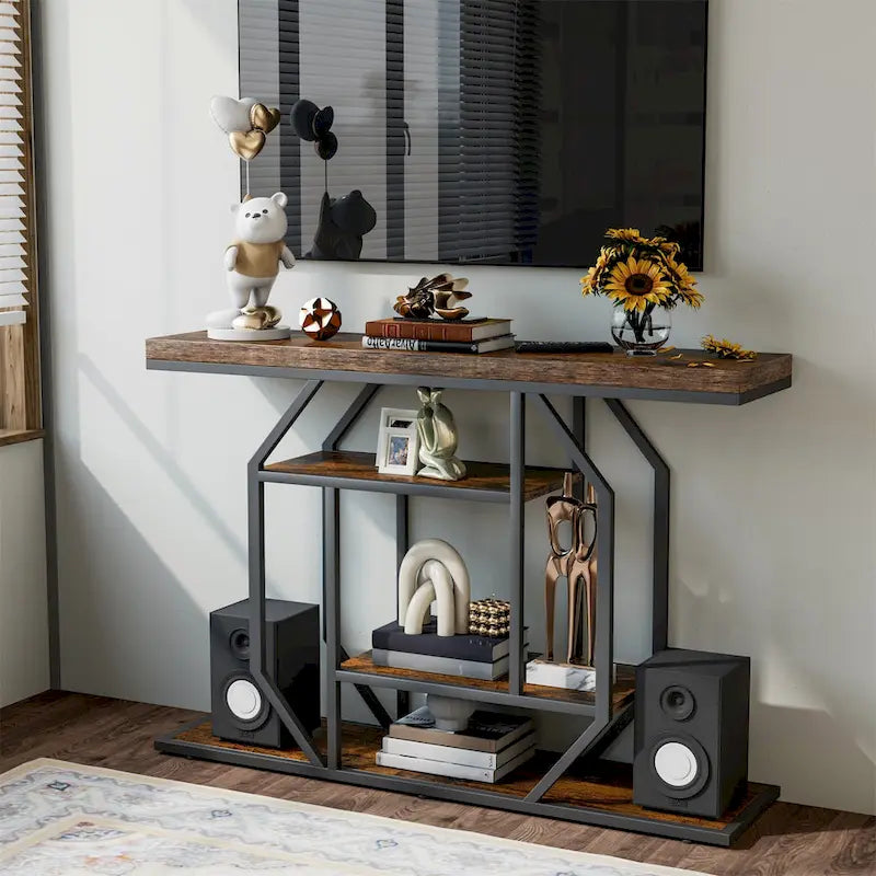 47.24 Rustic Long Console Entry Table Sofa Storage Table Behind Couch with 4 Tier Shelves