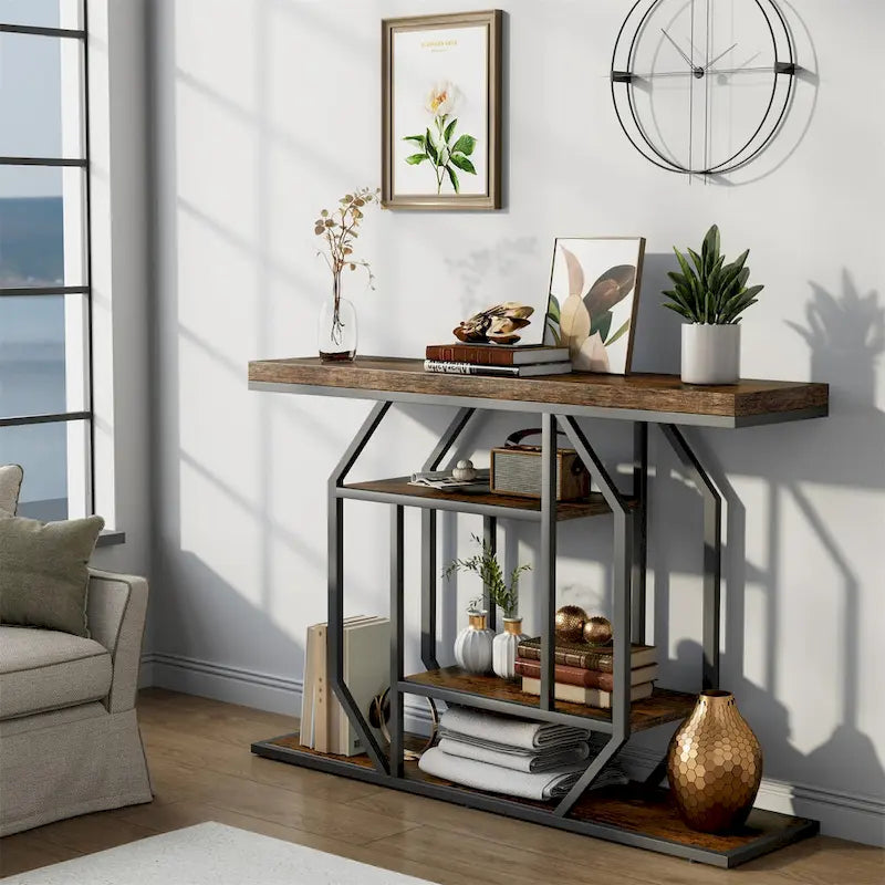47.24 Rustic Long Console Entry Table Sofa Storage Table Behind Couch with 4 Tier Shelves