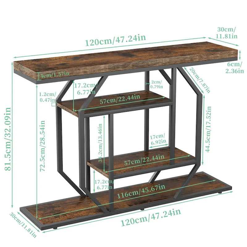 47.24 Rustic Long Console Entry Table Sofa Storage Table Behind Couch with 4 Tier Shelves