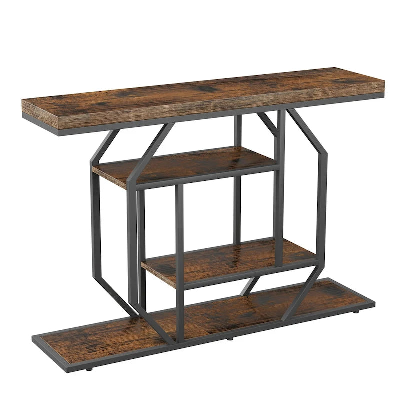 47.24 Rustic Long Console Entry Table Sofa Storage Table Behind Couch with 4 Tier Shelves