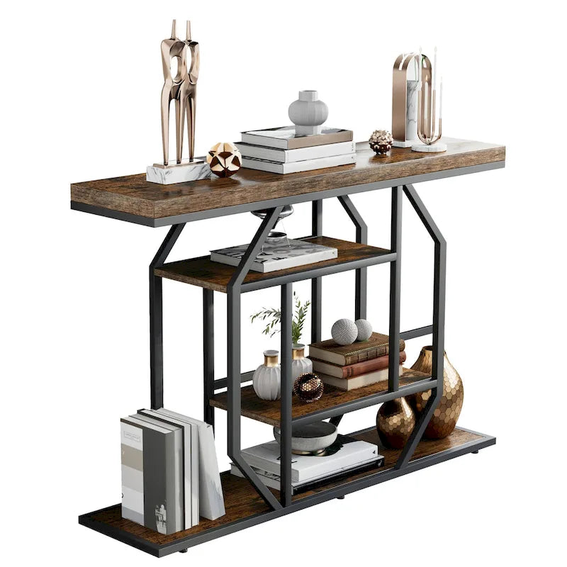 47.24 Rustic Long Console Entry Table Sofa Storage Table Behind Couch with 4 Tier Shelves