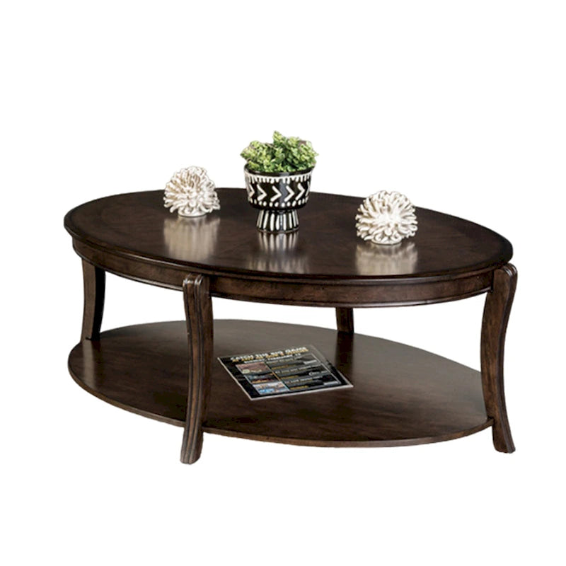Table basse Orio avec étagères ouvertes, plateau ovale 124 cm, bois marron