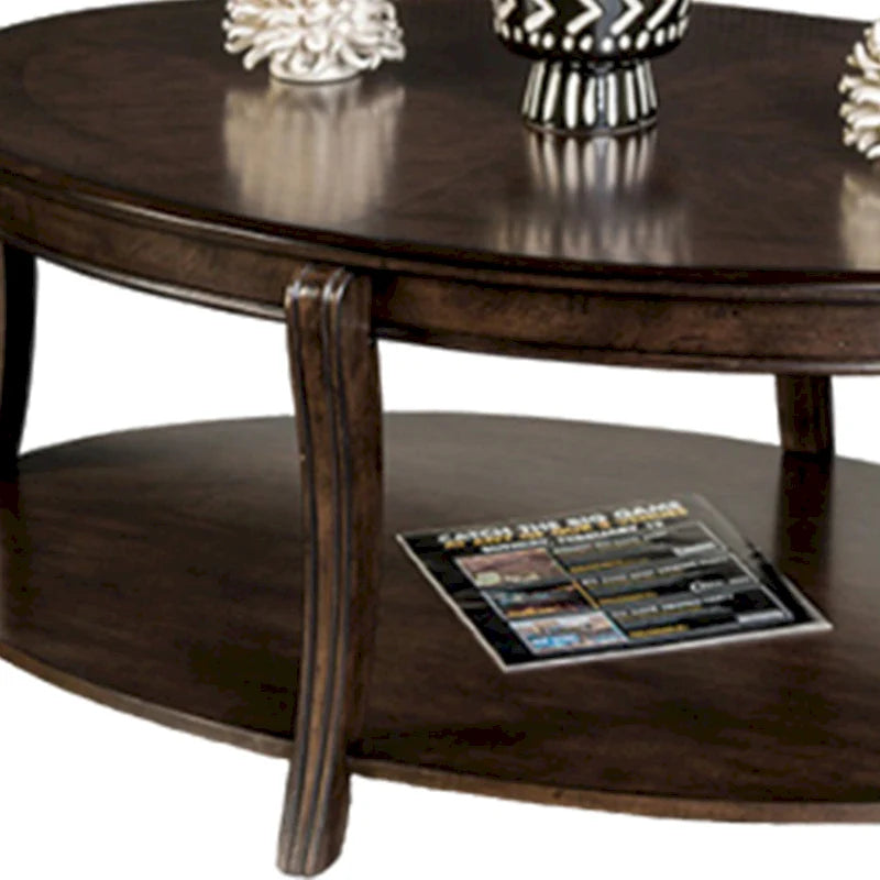 Table basse Orio avec étagères ouvertes, plateau ovale 124 cm, bois marron