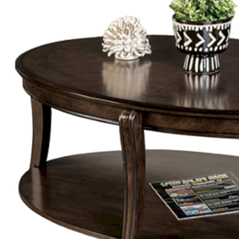 Table basse Orio avec étagères ouvertes, plateau ovale 124 cm, bois marron