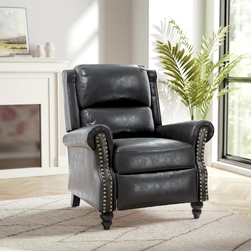 Fauteuil inclinable à dossier basculant, assise rembourrée et cloutée