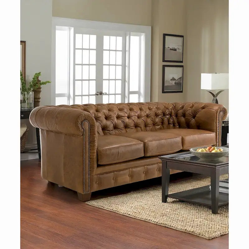 Tufted Top Grain Italian Leather Chesterfield Sofa - 31 H x 86 W x 40 D