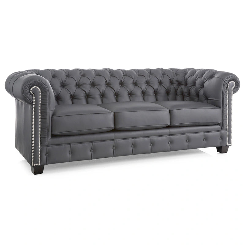 Canapé Chesterfield en cuir italien pleine fleur capitonné - 31 H x 86 L x 40 P
