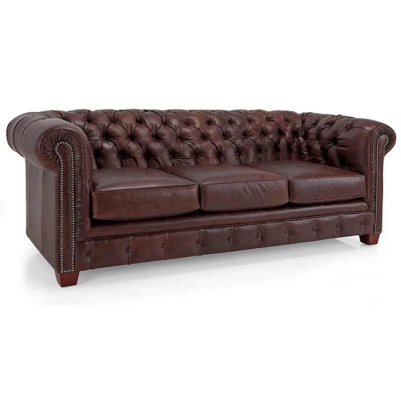 Canapé Chesterfield en cuir italien pleine fleur capitonné - 31 H x 86 L x 40 P