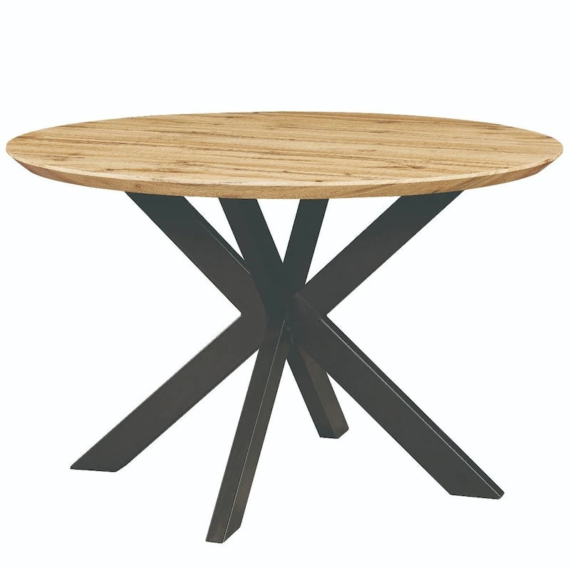 Table à manger ronde moderne en bois de 47" avec piètement métallique géométrique en croix pour salle à manger et cuisine