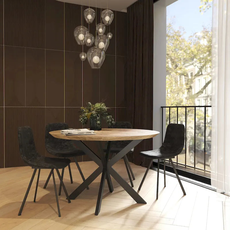 Table à manger ronde moderne en bois de 47" avec piètement métallique géométrique en croix pour salle à manger et cuisine