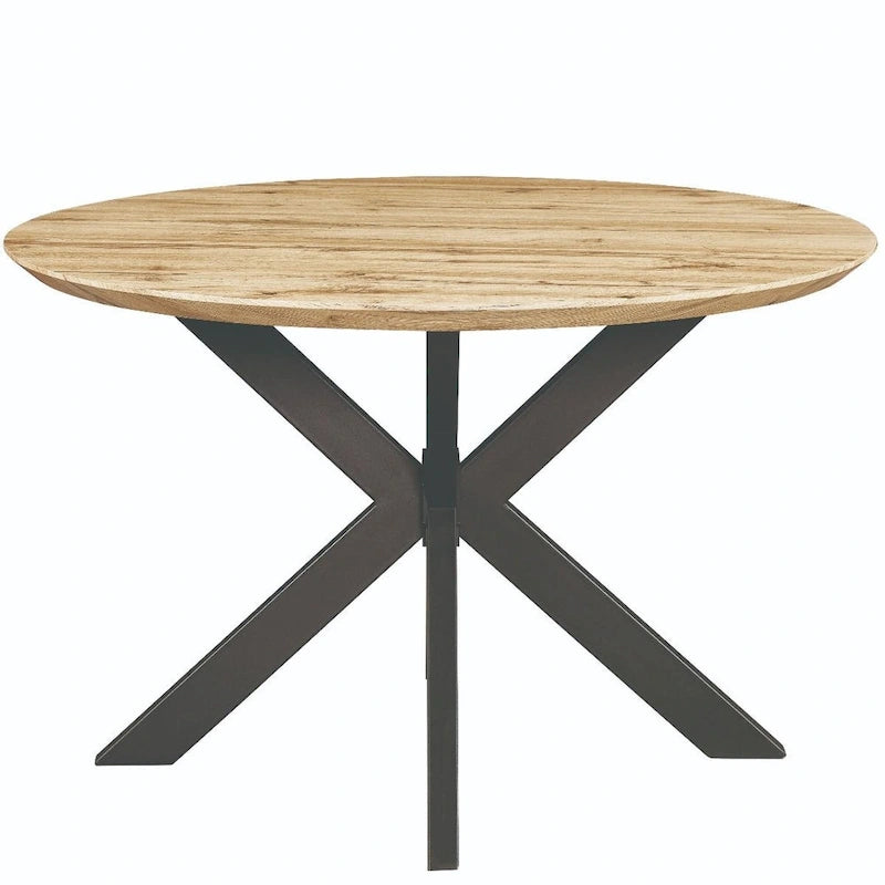 Table à manger ronde moderne en bois de 47" avec piètement métallique géométrique en croix pour salle à manger et cuisine