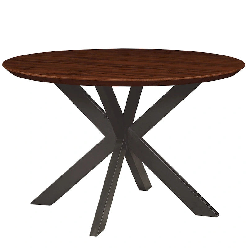 Table à manger ronde moderne en bois de 47" avec piètement métallique géométrique en croix pour salle à manger et cuisine