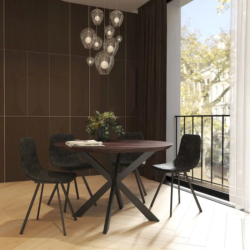 Table à manger ronde moderne en bois de 47" avec piètement métallique géométrique en croix pour salle à manger et cuisine