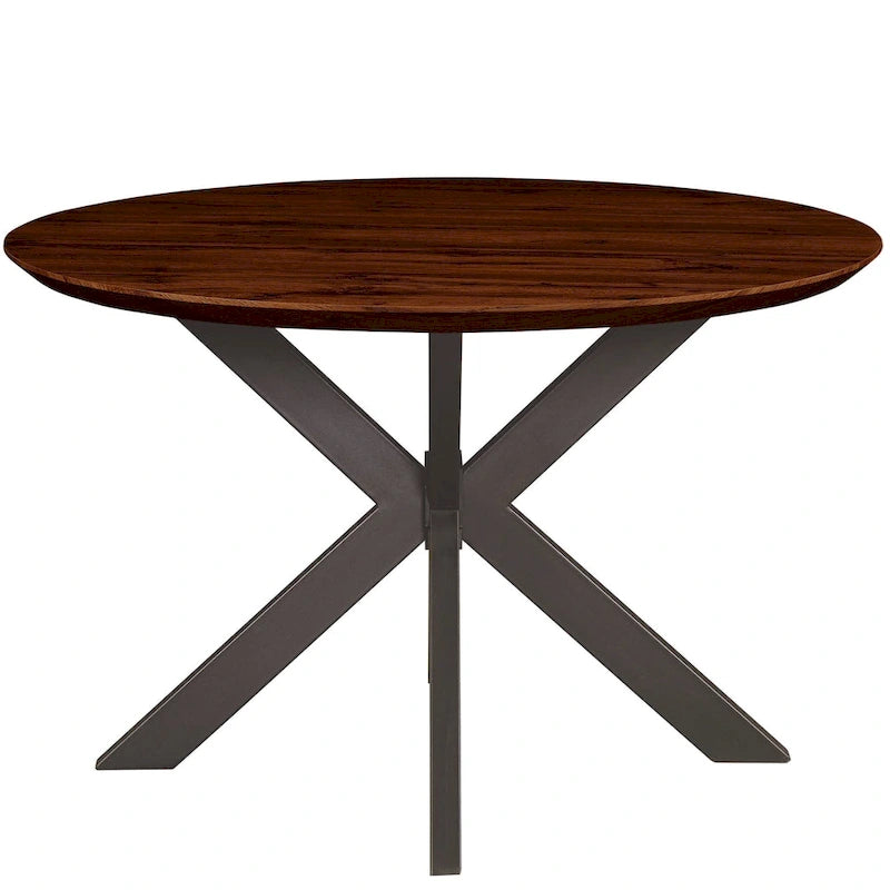 Table à manger ronde moderne en bois de 47" avec piètement métallique géométrique en croix pour salle à manger et cuisine