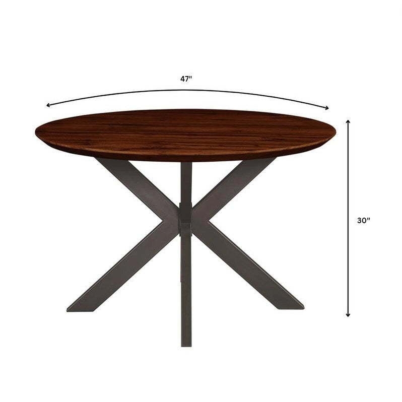 Table à manger ronde moderne en bois de 47" avec piètement métallique géométrique en croix pour salle à manger et cuisine