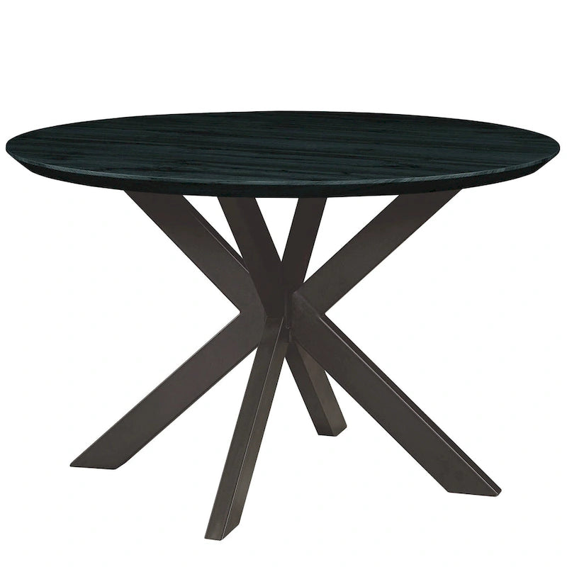 Table à manger ronde moderne en bois de 47" avec piètement métallique géométrique en croix pour salle à manger et cuisine