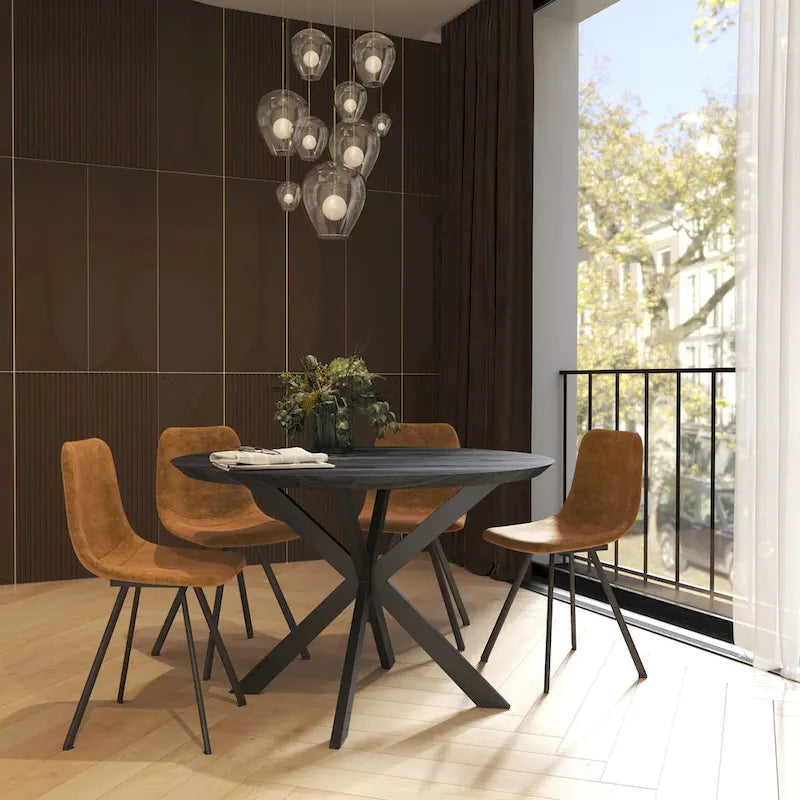 Table à manger ronde moderne en bois de 47" avec piètement métallique géométrique en croix pour salle à manger et cuisine