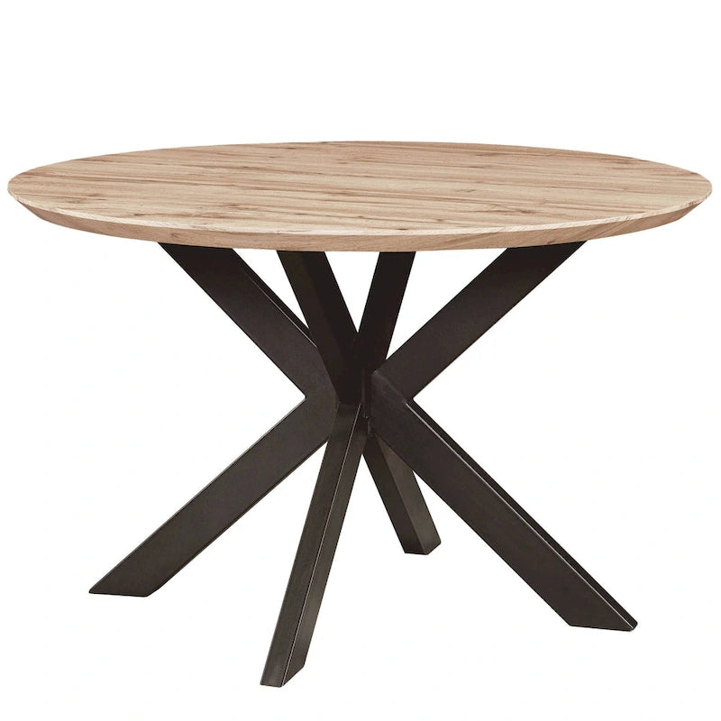 Table à manger ronde moderne en bois de 47" avec piètement métallique géométrique en croix pour salle à manger et cuisine