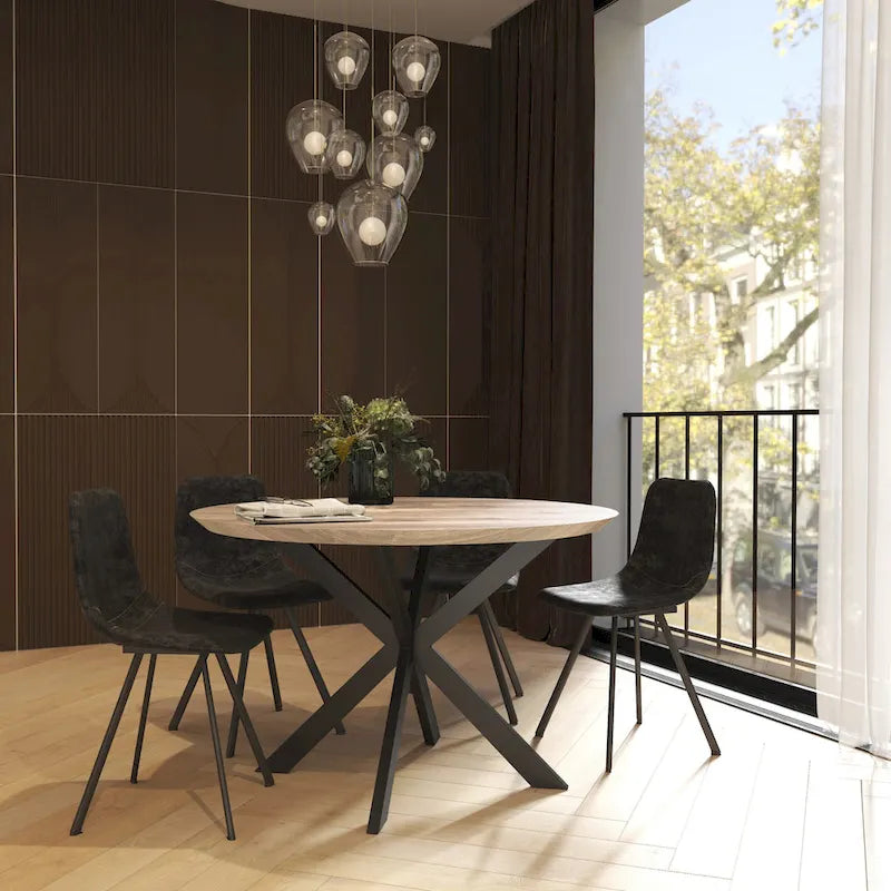 Table à manger ronde moderne en bois de 47" avec piètement métallique géométrique en croix pour salle à manger et cuisine