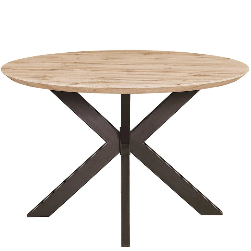 Table à manger ronde moderne en bois de 47" avec piètement métallique géométrique en croix pour salle à manger et cuisine
