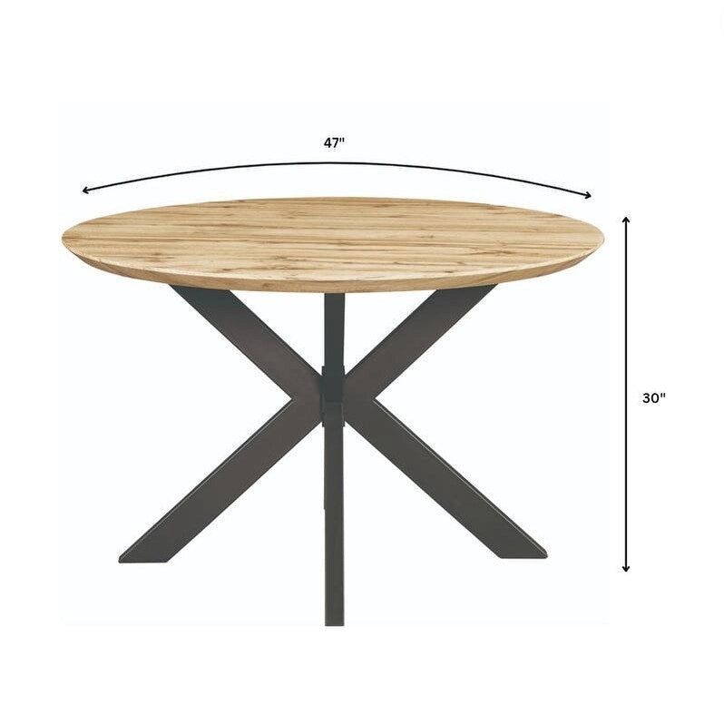Table à manger ronde moderne en bois de 47" avec piètement métallique géométrique en croix pour salle à manger et cuisine