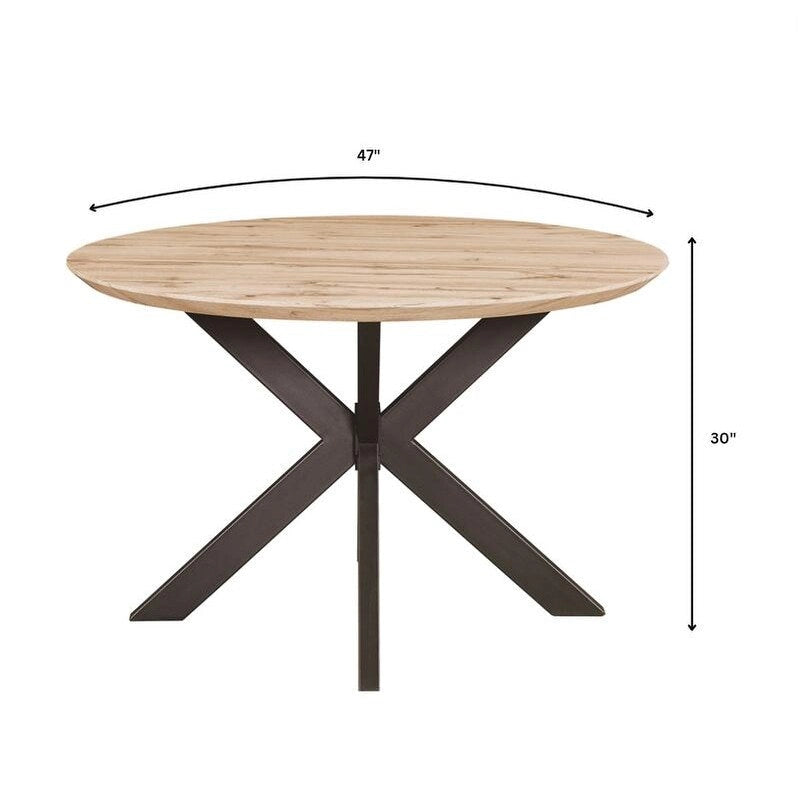 Table à manger ronde moderne en bois de 47" avec piètement métallique géométrique en croix pour salle à manger et cuisine