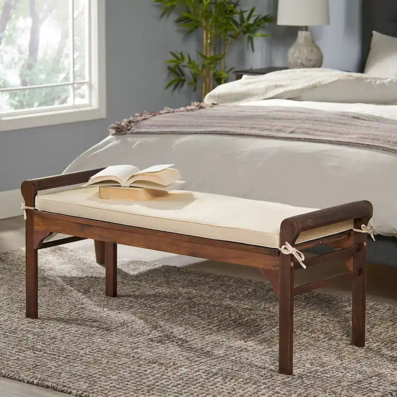 Rustic Acacia Wood Bench with Cushion