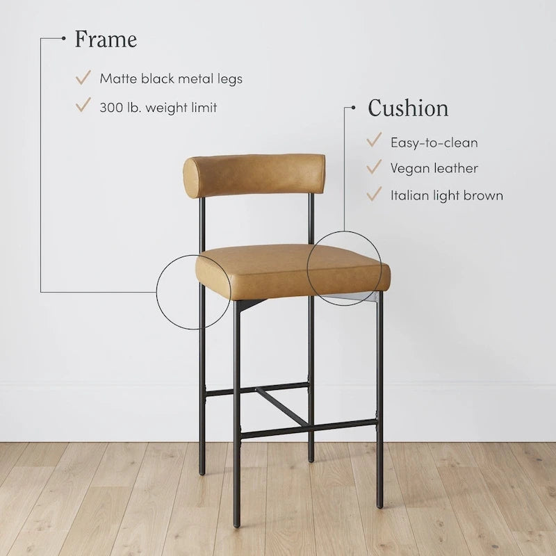 Tabouret de bar hauteur comptoir ou chaise de salle à manger avec dossier et coussin rembourré