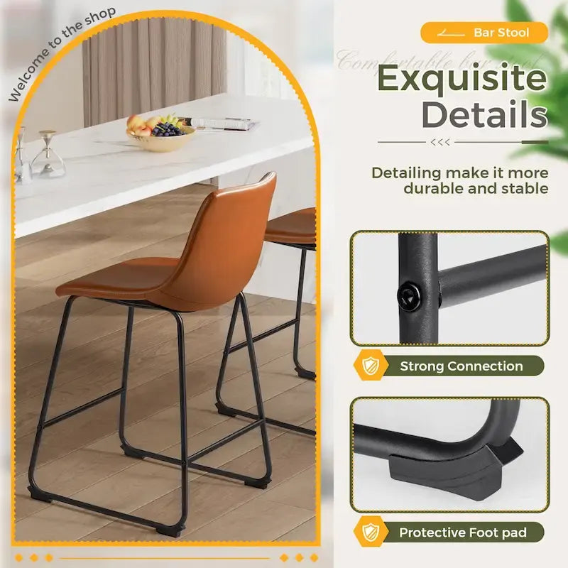 Barstools PU Leather Counter Bar Stool With Back and Footrest Set of 2, Brown