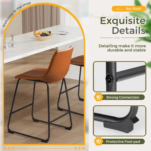 Tabourets de bar Tabouret de bar en cuir PU avec dossier et repose-pieds, lot de 2, Marron