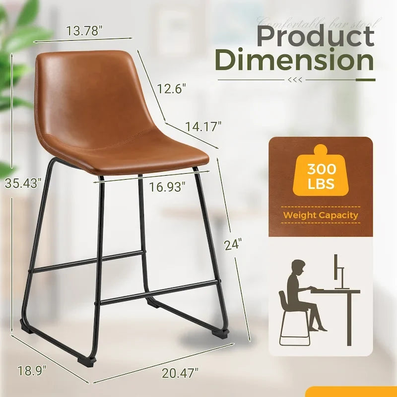 Barstools PU Leather Counter Bar Stool With Back and Footrest Set of 2, Brown