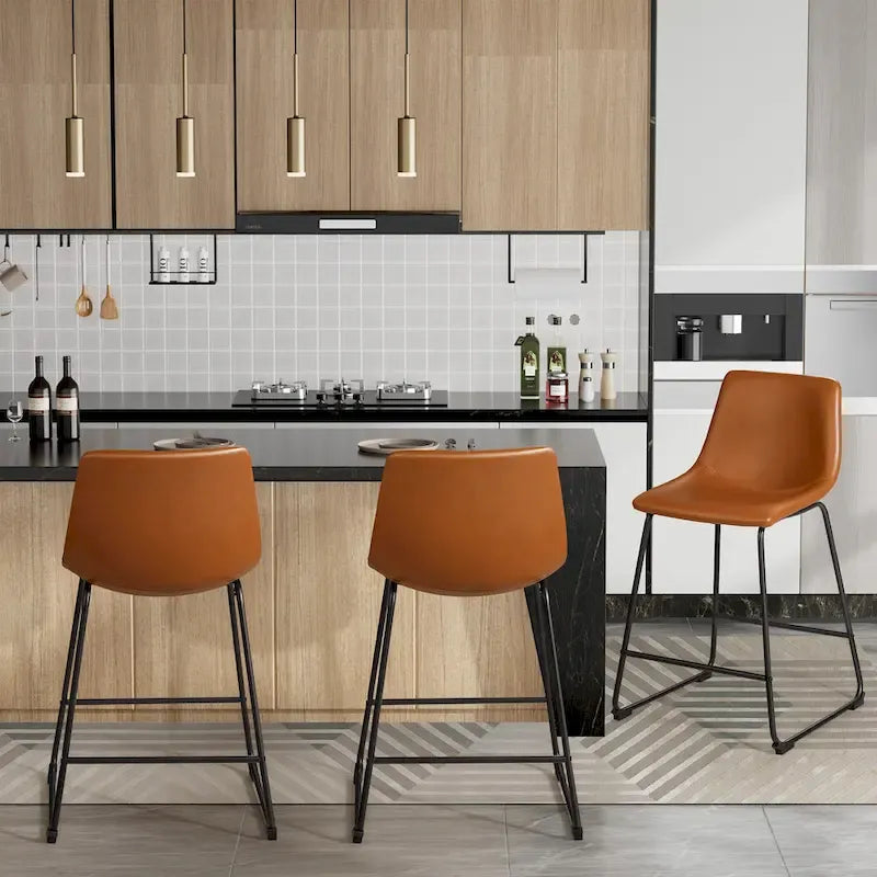 Barstools PU Leather Counter Bar Stool With Back and Footrest Set of 2, Brown