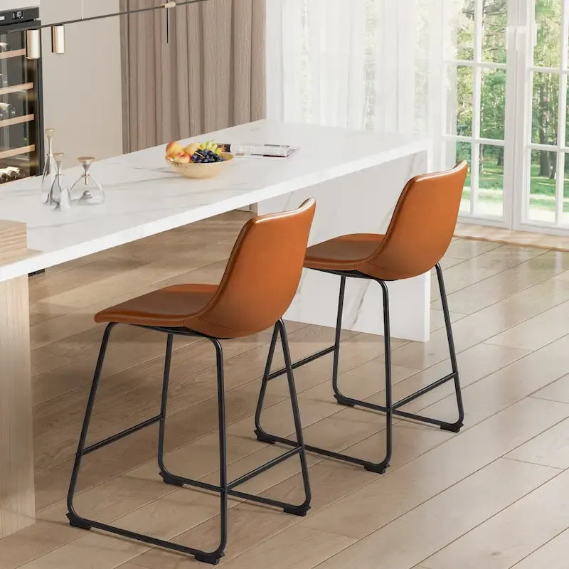 Barstools PU Leather Counter Bar Stool With Back and Footrest Set of 2, Brown