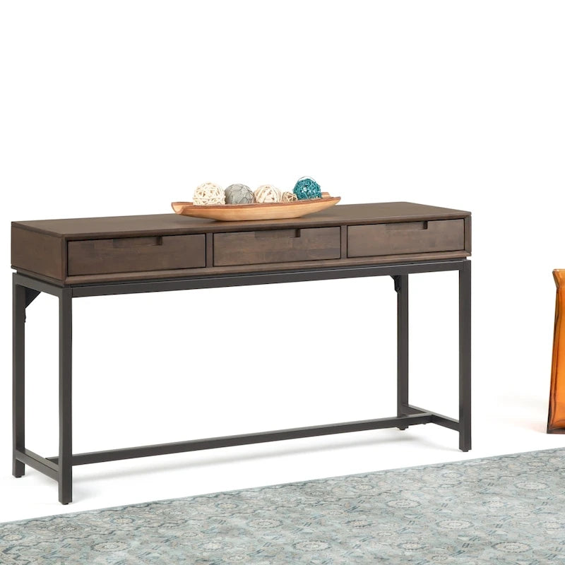 Console industrielle de 54 po de large en BOIS MASSIF et métal, couleur noyer brun - 54 larg. x 16 prof. x 30 haut.