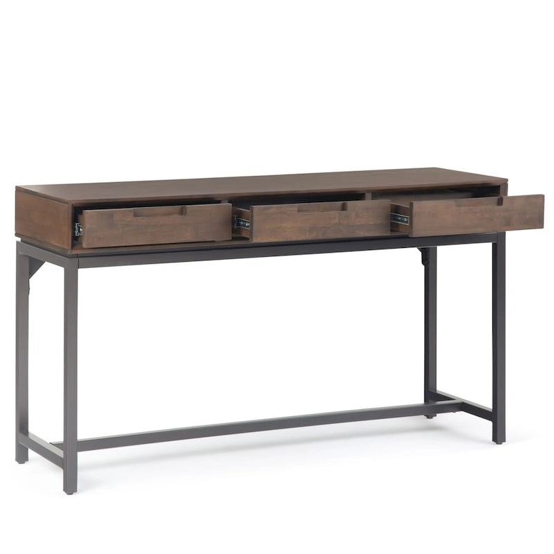 Console industrielle de 54 po de large en BOIS MASSIF et métal, couleur noyer brun - 54 larg. x 16 prof. x 30 haut.