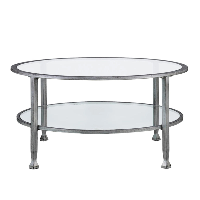 Table basse ronde en argent vieilli avec plateau en verre et étagère
